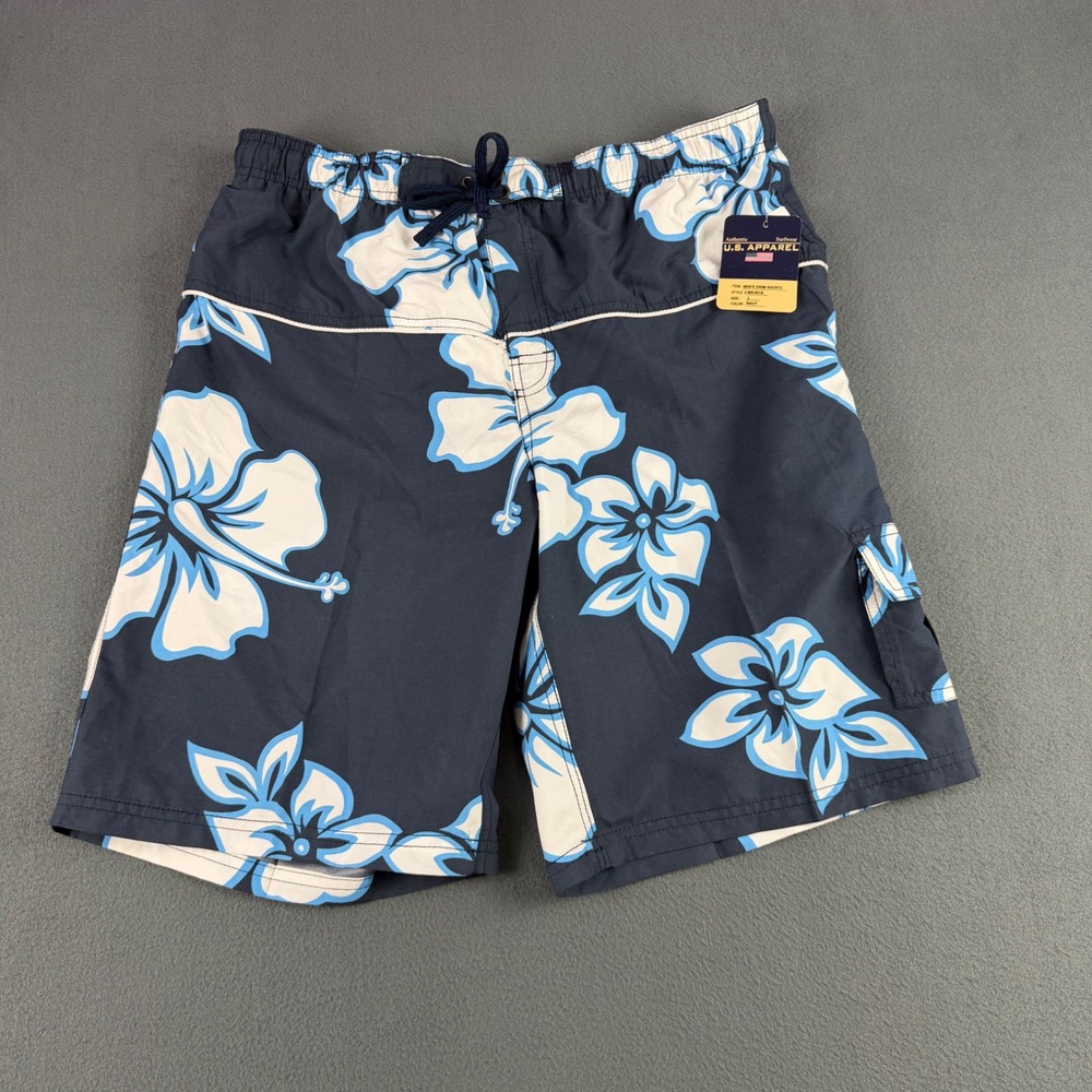 US Apparel Mens Swim Shorts Navy Blue Hibiscus Floral Cargo Board Trunks Large